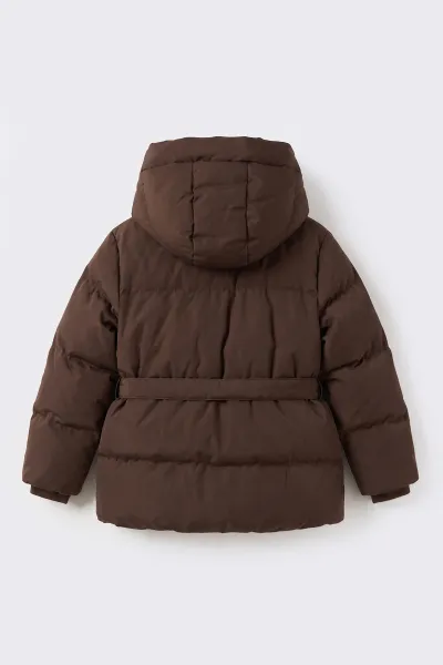 Kahverengi (10-14 Yaş) Kapüşonlu İçi Kürklü Kız Çocuk Mont 499741