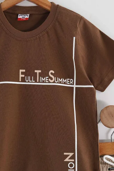 Kahverengi (2-10 Yaş) Full Time Summer Baskılı Cep Detaylı  Şortlu Penye Erkek Çocuk Yazlık Takım 437848