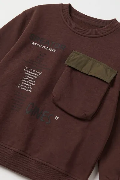 Kahverengi (2-12 Yaş) Baskılı Cep Detaylı 3 İp Şardonlu Erkek Çocuk Sweatshirt 499659