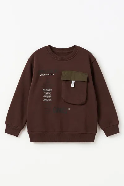 Kahverengi (2-12 Yaş) Baskılı Cep Detaylı 3 İp Şardonlu Erkek Çocuk Sweatshirt 499659