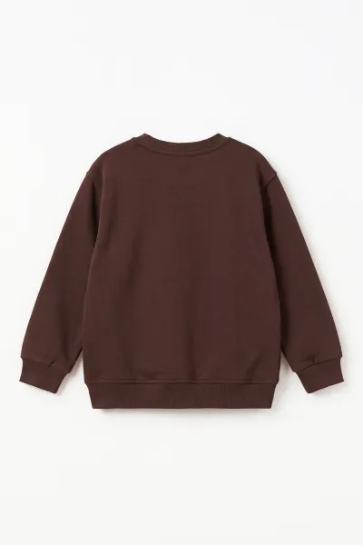 Kahverengi (2-12 Yaş) Baskılı Cep Detaylı 3 İp Şardonlu Erkek Çocuk Sweatshirt 499659