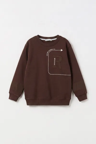 Kahverengi (2-12 Yaş) R Nakışlı  İçi Şardonlu Erkek  Çocuk Sweatshirt 483309
