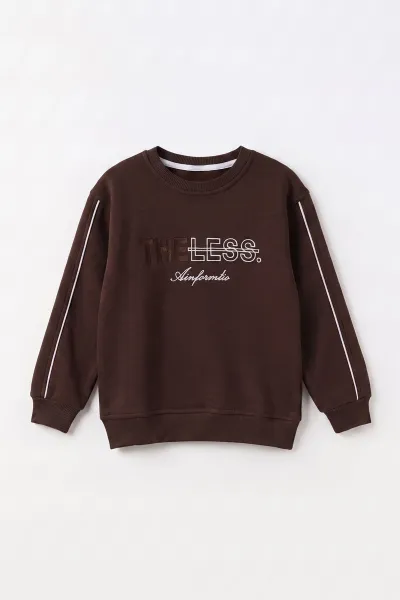 Kahverengi (2-12 Yaş) Theless Nakışlı  İçi Şardonlu Erkek  Çocuk Sweatshirt 483296