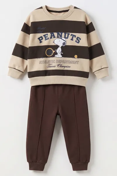 Kahverengi (2-5 Yaş) Peanuts Baskılı Çimalı İçi Şardonlu Erkek Çocuk Takım 493090