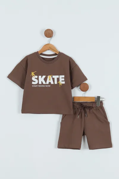 Kahverengi (2-5 Yaş) Skate Baskılı Şortlu Erkek Çocuk Takım 267239