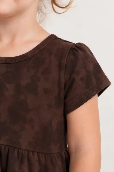 Kahverengi (2-6 Yaş) Büyük Fiyonklu İncili Batik Desen Süprem Kız Çocuk Elbise 459016