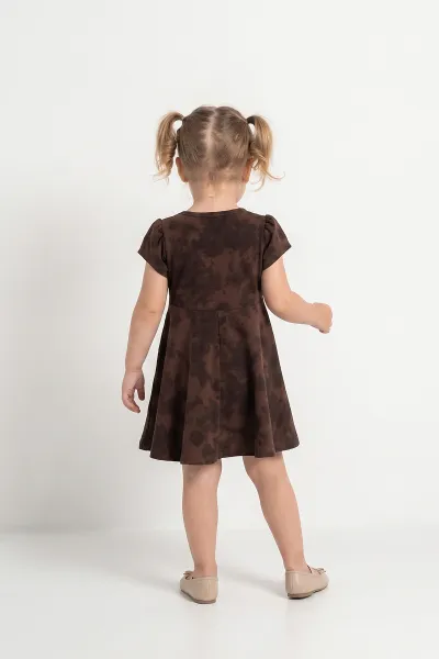 Kahverengi (2-6 Yaş) Büyük Fiyonklu İncili Batik Desen Süprem Kız Çocuk Elbise 459016