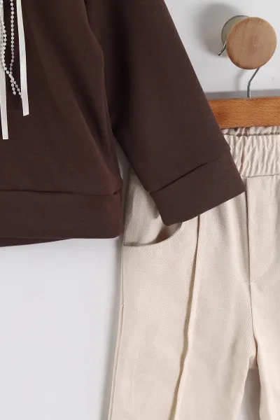 Kahverengi (3-10 Yaş) Fiyonk Aksesuarlı Gabardin Pantolonlu Kız Çocuk Takım 443346