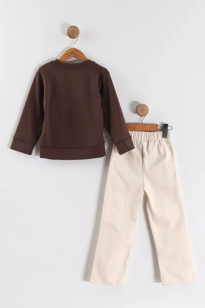 Kahverengi (3-10 Yaş) Fiyonk Aksesuarlı Gabardin Pantolonlu Kız Çocuk Takım 443346