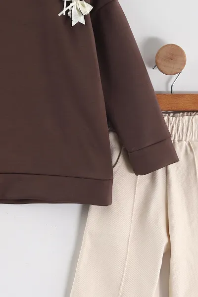 Kahverengi 3-10 Yaş) Fiyonk ve Taş Nakışlı Oysho Sweatli Gabardin Pantolonlu Kız Çocuk 2'li Takım 439890