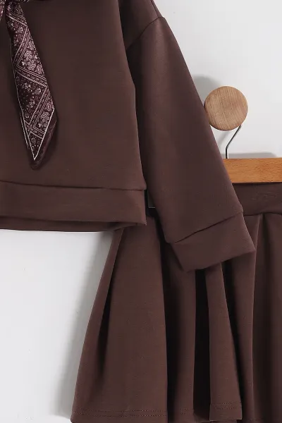 Kahverengi (3-10 Yaş)  Fularlı ve Pileli  Etekli Oysho Kız Çocuk Takım 437209