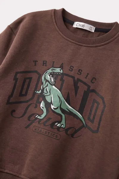 Kahverengi (3-12 Yaş) Dino Baskılı 3 İp Şardonlu Erkek  Çocuk Sweatshirt 483909