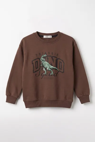 Kahverengi (3-12 Yaş) Dino Baskılı 3 İp Şardonlu Erkek  Çocuk Sweatshirt 483909