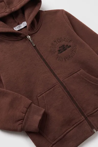 Kahverengi (3-12 Yaş) Nakışlı Kapüşonlu Fermuarlı  Şardonlu 3 İp Erkek Çocuk Sweatshirt 484135