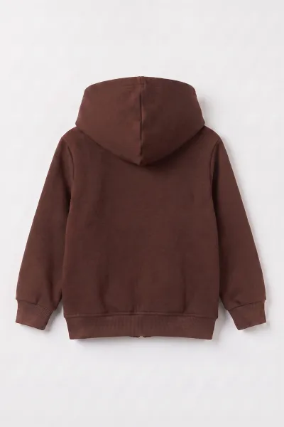 Kahverengi (3-12 Yaş) Nakışlı Kapüşonlu Fermuarlı  Şardonlu 3 İp Erkek Çocuk Sweatshirt 484135