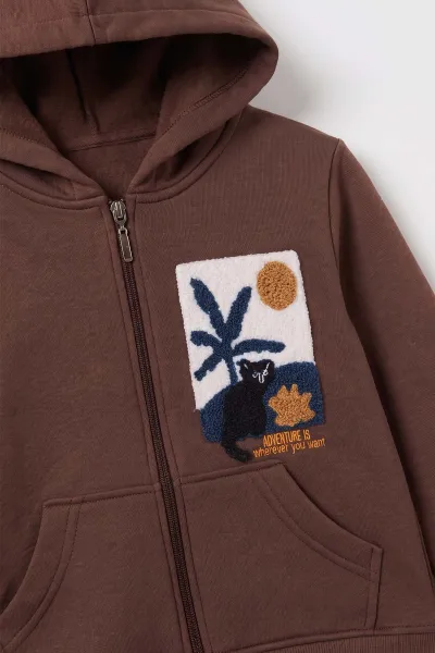 Kahverengi (3-12 Yaş) Süzene Palmiye Nakışlı Kapüşonlu  3 İp Şardonlu Erkek Çocuk Sweatshirt 478782
