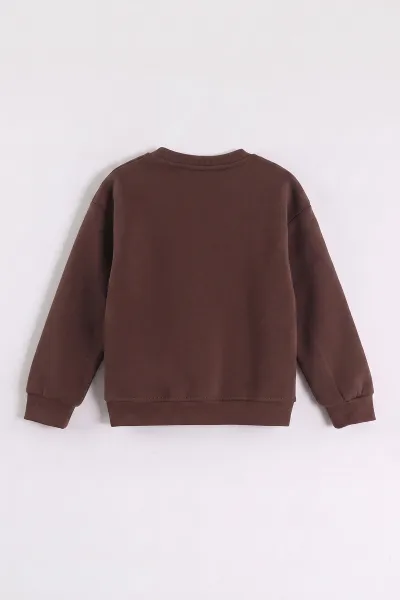 Kahverengi (3-12 Yaş) Yazı Baskılı 3 İp Şardonlu Erkek Çocuk Sweatshirt 473940