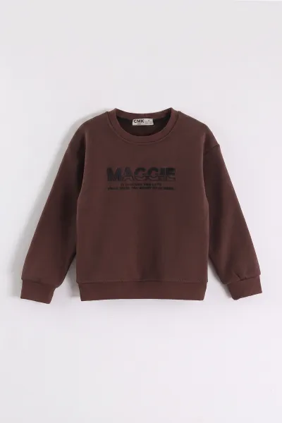 Kahverengi (3-12 Yaş) Yazı Baskılı 3 İp Şardonlu Erkek Çocuk Sweatshirt 473940