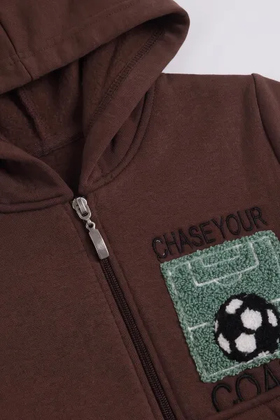 Kahverengi (3-12 Yaş)Nakışlı ve Kapüşonlu 3 İp Şardonlu Erkek Çocuk Sweatshirt 478633