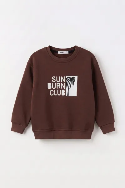 Kahverengi (3-12 Yaş)Palmiye Baskılı 3 İp Şardonlu Erkek Çocuk Sweatshirt 484128