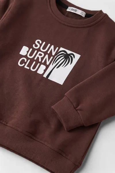 Kahverengi (3-12 Yaş)Palmiye Baskılı 3 İp Şardonlu Erkek Çocuk Sweatshirt 484128