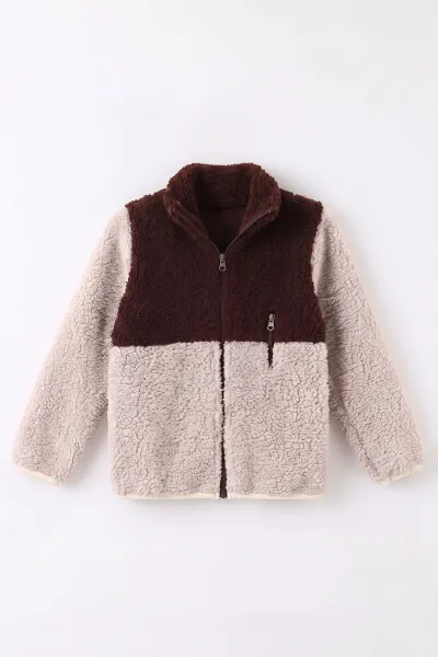 Kahverengi (3-12 Yaş)Parça Desenli Fermuarlı Polar Kuzu Hırka 484854