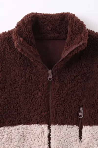 Kahverengi (3-12 Yaş)Parça Desenli Fermuarlı Polar Kuzu Hırka 484854