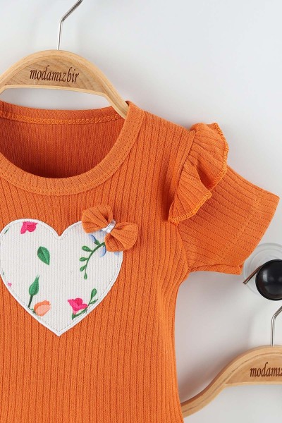 Kahverengi (3-15 Ay) Fiyonklu Çiçek Baskılı Kalp Nakışlı Kız Bebe Takım 162157