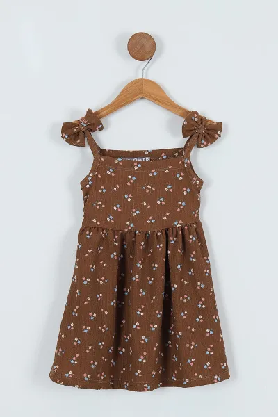 Kahverengi (3-7 Yaş) Fiyonklu Desenli Kız Çocuk Elbise 266062