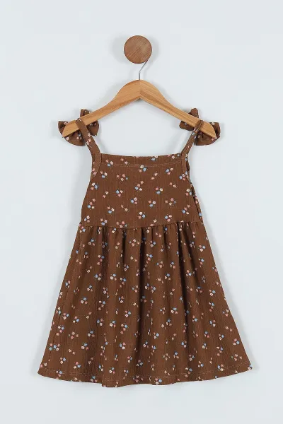 Kahverengi (3-7 Yaş) Fiyonklu Desenli Kız Çocuk Elbise 266062