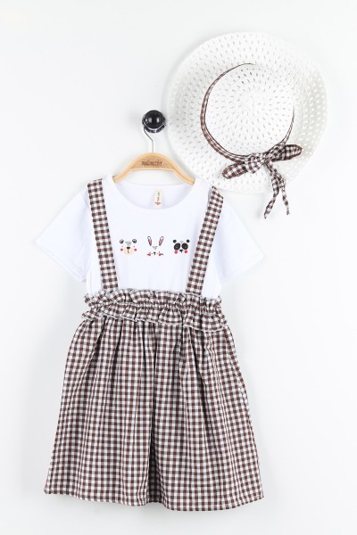 Kahverengi (3-7 Yaş) Hayvan Baskılı Fırfırlı Şapkalı Kız Çocuk Elbise 170116