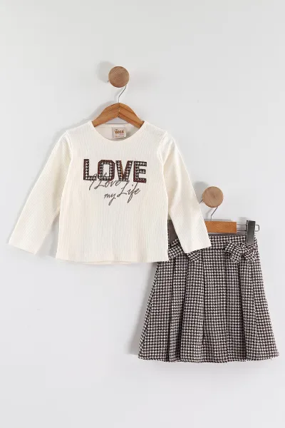 Kahverengi (3-7 Yaş) Love Nakışlı Badili Peluş Yelekli Ekose Pileli Etekli Kız Çocuk 3'lü Takım 438907