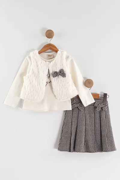 Kahverengi (3-7 Yaş) Love Nakışlı Badili Peluş Yelekli Ekose Pileli Etekli Kız Çocuk 3'lü Takım 438907