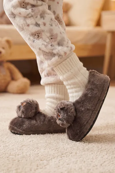 Kahverengi ( 30 - 35 ) Kedi Figürlü Peluş Kız Çocuk Panduf 490438