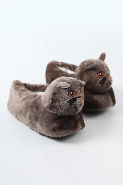 Kahverengi ( 30 - 35 ) Kedi Figürlü Peluş Kız Çocuk Panduf 490438