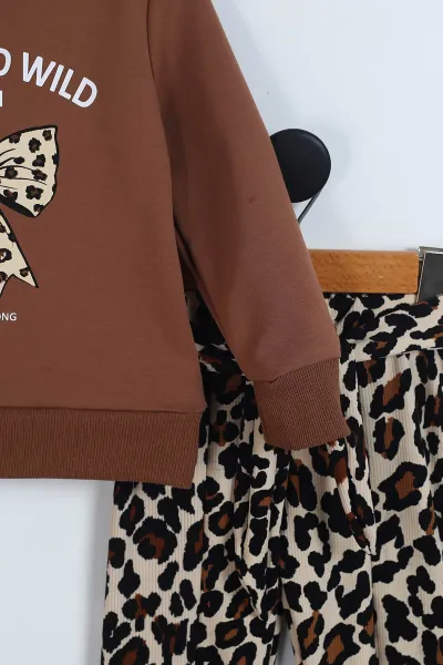 Kahverengi (4-8 Yaş) Leopar Pantolonlu Fiyonk Baskılı  Kız Çocuk Takım 341736