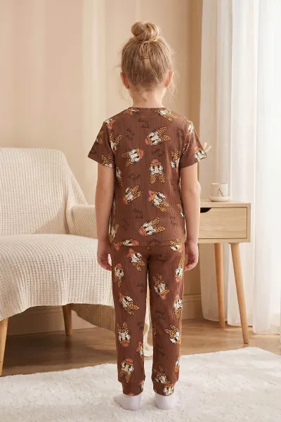 Kahverengi (4-8 Yaş)Karakter Desenli Fitilli Kız Çocuk Pijama Takımı 461486