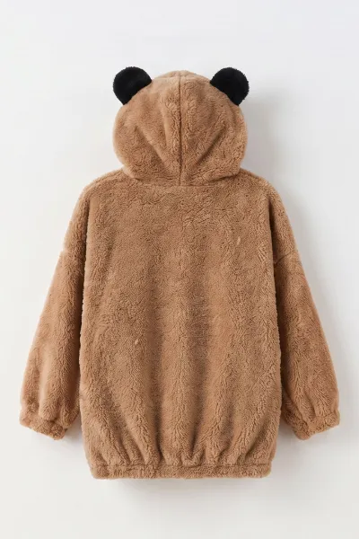 Kahverengi (5-10 Yaş) Oyuncaklı Kapüşonlu Peluş Kız Çocuk Hırka 497439
