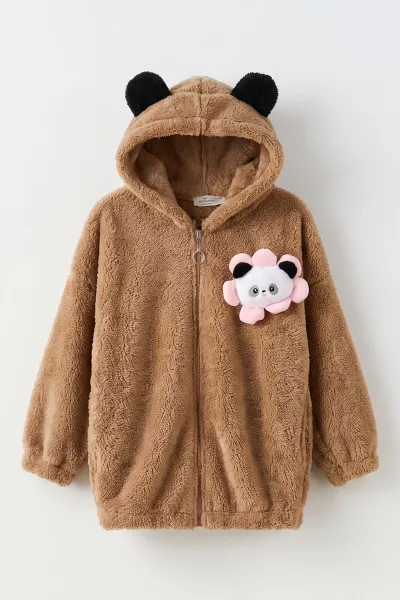 Kahverengi (5-10 Yaş) Oyuncaklı Kapüşonlu Peluş Kız Çocuk Hırka 497439