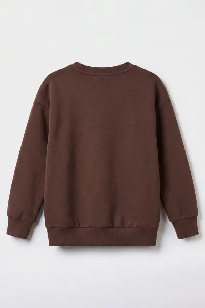Kahverengi (5-12 Yaş) Baskısız   Düz 3 İp Şardonlu Erkek Çocuk Sweatshirt 483587
