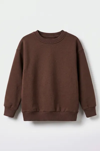 Kahverengi (5-12 Yaş) Baskısız   Düz 3 İp Şardonlu Erkek Çocuk Sweatshirt 483587