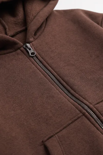 Kahverengi (5-12 Yaş) Baskısız Fermuarlı Kapüşonlu 3 ip Şardonlu Erkek Çocuk Sweatshirt 483575