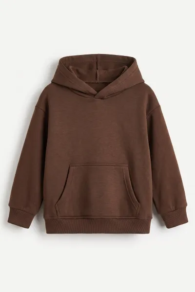 Kahverengi (5-12 Yaş) Baskısız Kapüşonlu 3 İp Şardonlu Erkek Çocuk Sweatshirt 481762