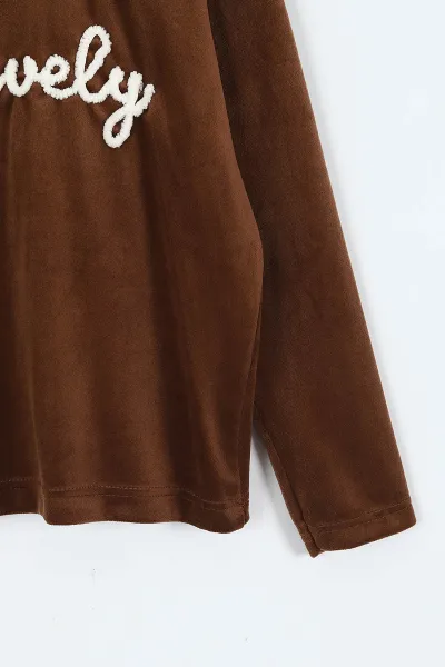 Kahverengi (5-12 Yaş) Lovely  Nakışlı Yarım Balıkçı Yaka Kadife Kız Çocuk Sweat 410599