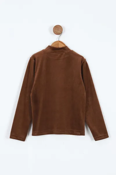 Kahverengi (5-12 Yaş) Lovely  Nakışlı Yarım Balıkçı Yaka Kadife Kız Çocuk Sweat 410599