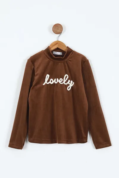 Kahverengi (5-12 Yaş) Lovely  Nakışlı Yarım Balıkçı Yaka Kadife Kız Çocuk Sweat 410599