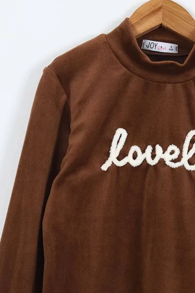 Kahverengi (5-12 Yaş) Lovely  Nakışlı Yarım Balıkçı Yaka Kadife Kız Çocuk Sweat 410599