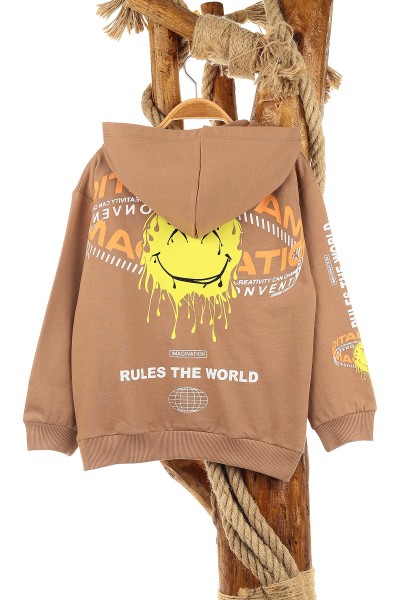 Kahverengi (5-8 Yaş) Feel Happy Baskılı Kapüşonlu  Mevsimlik Erkek Çocuk Sweat 157156