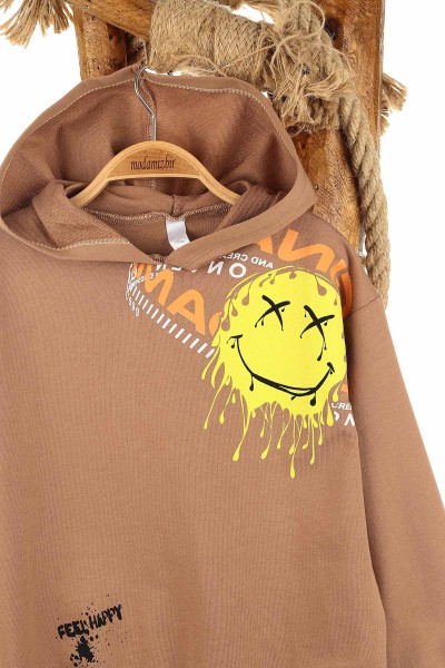 Kahverengi (5-8 Yaş) Feel Happy Baskılı Kapüşonlu  Mevsimlik Erkek Çocuk Sweat 157156