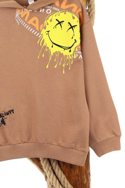 Kahverengi (5-8 Yaş) Feel Happy Baskılı Kapüşonlu  Mevsimlik Erkek Çocuk Sweat 157156